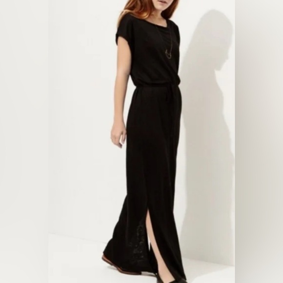 Lou‎ & Grey 100% Linen Maxi Dress Short Sleeve Black Womens XS Side Slits - Picture 1 of 11